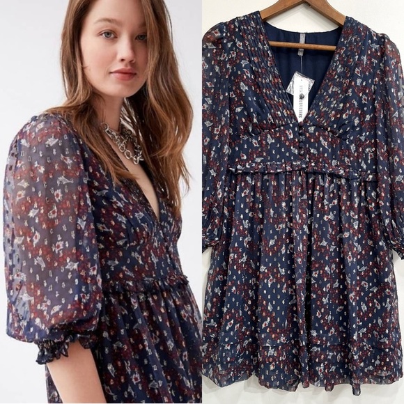 Urban Outfitters Navy Blue Metallic Puff Sleeve Mini Dress Babydoll Size XS - Picture 1 of 15